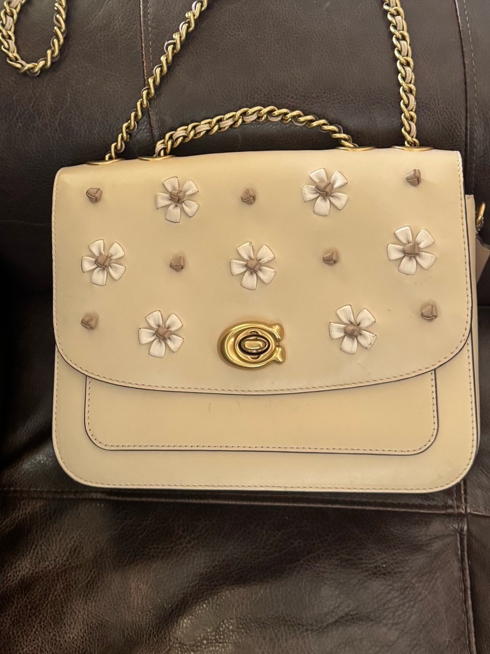 Coach Neutral Floral Appliqué Shoulder Bag with Gold Chain